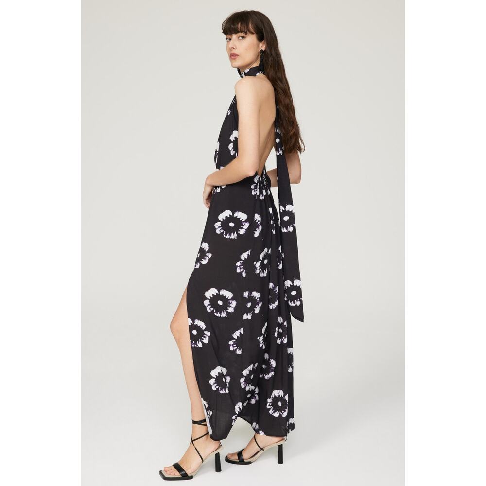 Busayo Collective Hibiscus Floral Print Black Halter Tie Neck Maxi Dress Size XS - Picture 2 of 13